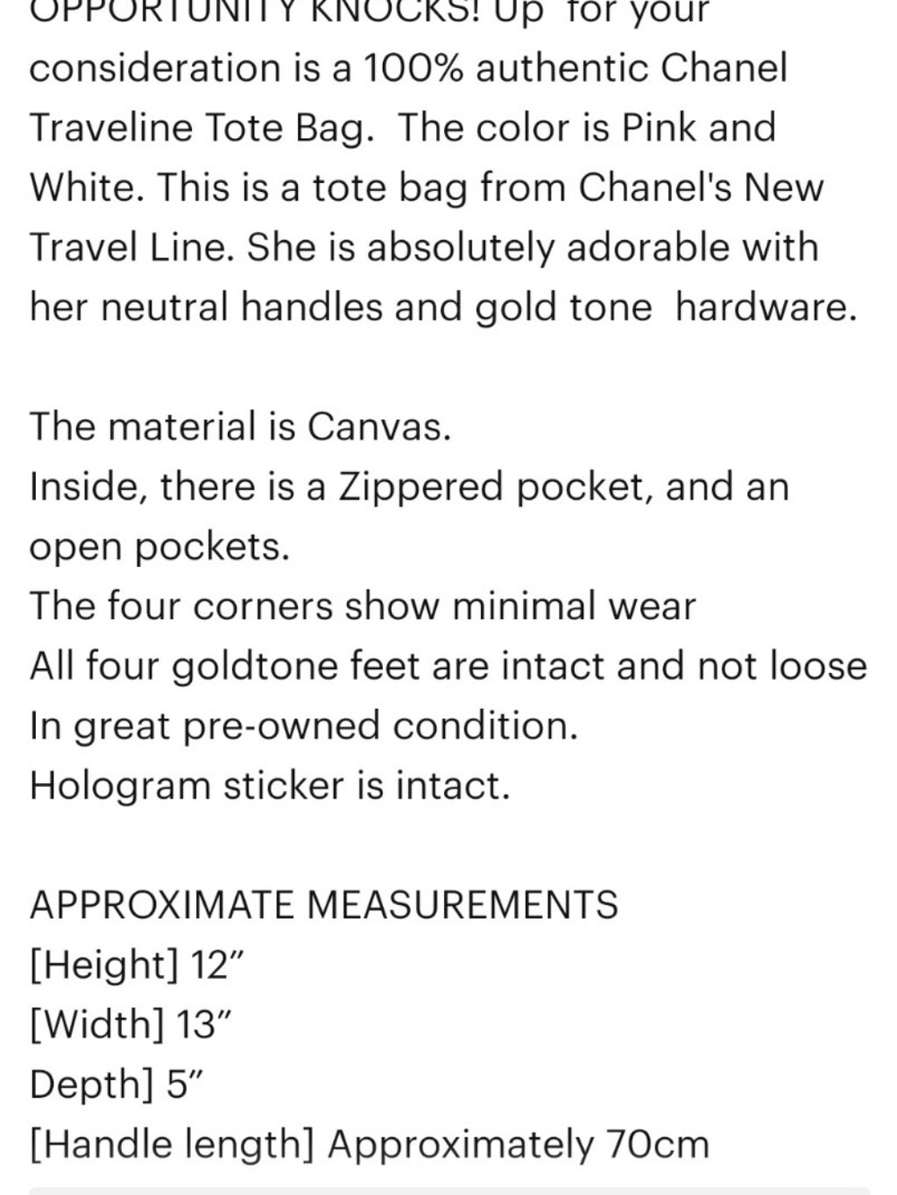 20 4 20 CHANEL Pale Pink Travel Line Tote with Cream Handles Like New Condition - Picture 15 of 15